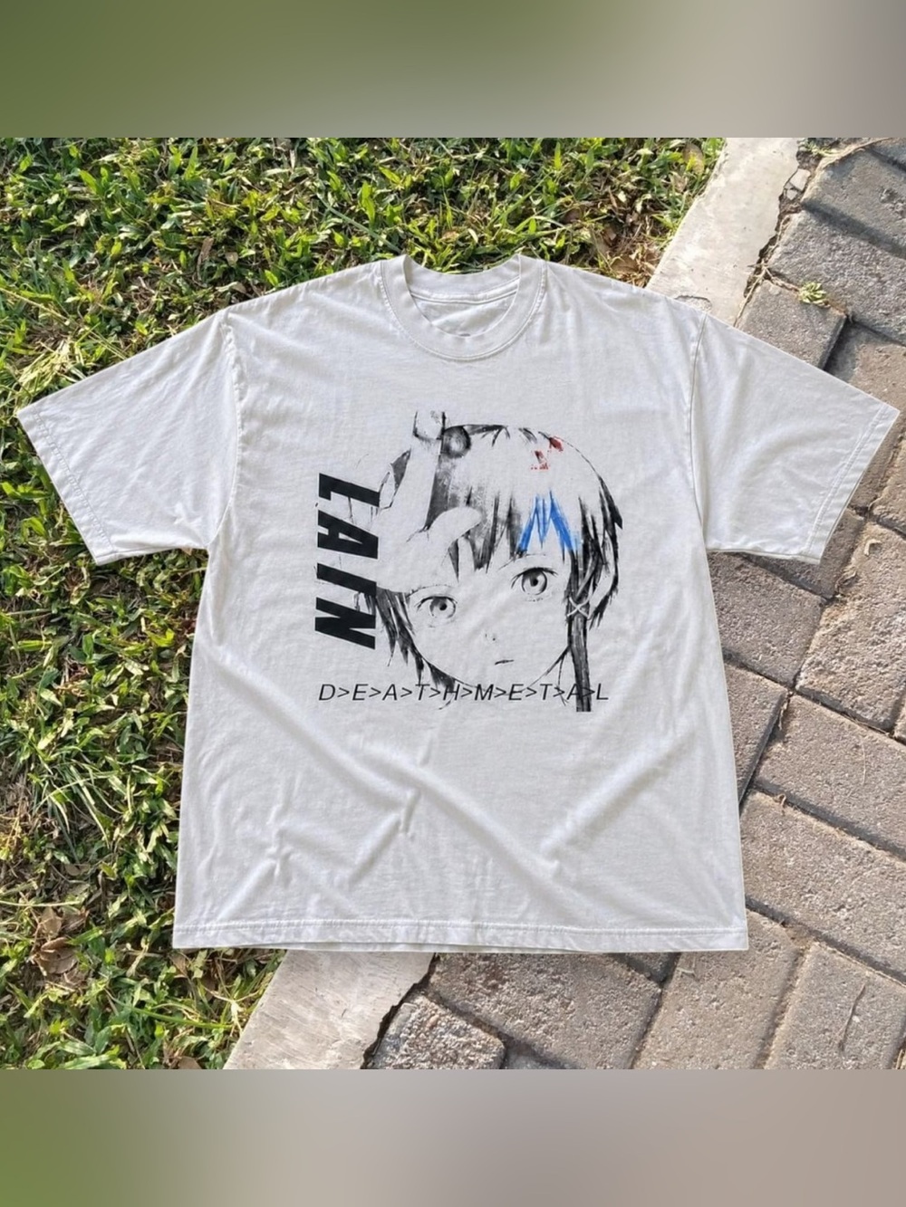 Gildan White Men's Tee with Black Anime Graphic and Blue Accent